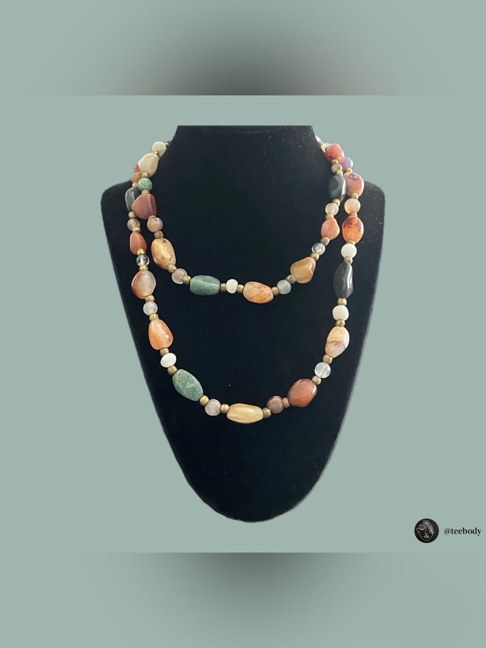 VTG NWT Multi-Stone Agate Beggars Beads Necklace Long 34" Earth Tone Boho